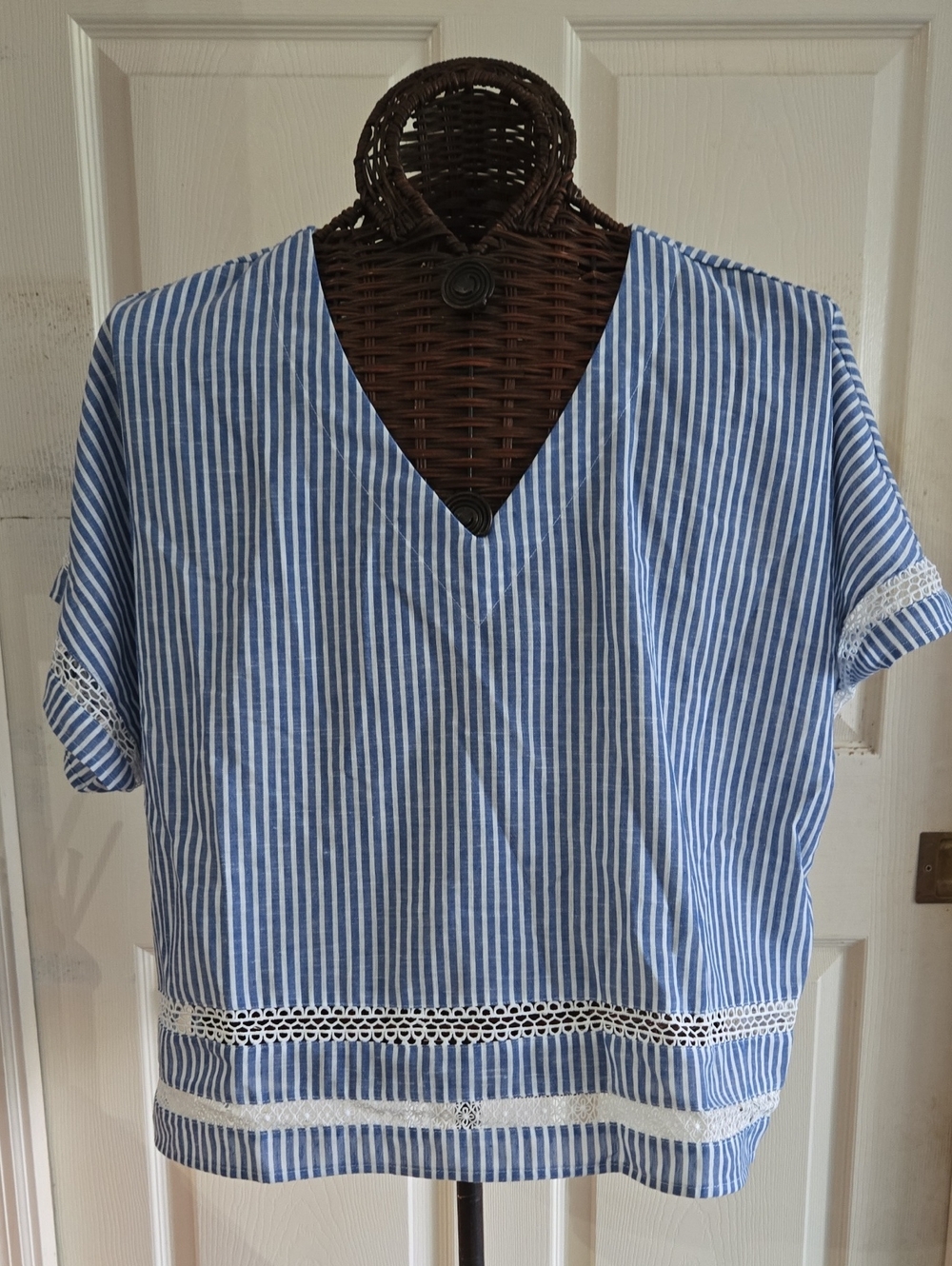 Adrianna Papell Blue and White Striped V-Neck Tunic with Lace Trim-Size XL